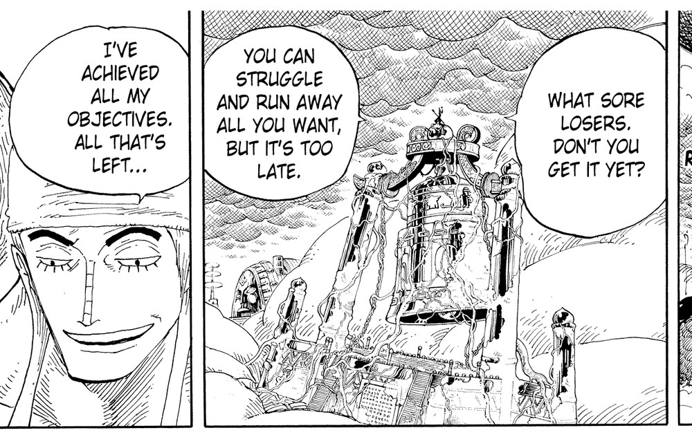 One Piece Vol. 32 (VIZ Media) — the same panel of Enel, his line lettered as "WHAT SORE LOSERS. DON'T YOU GET IT YET?"
