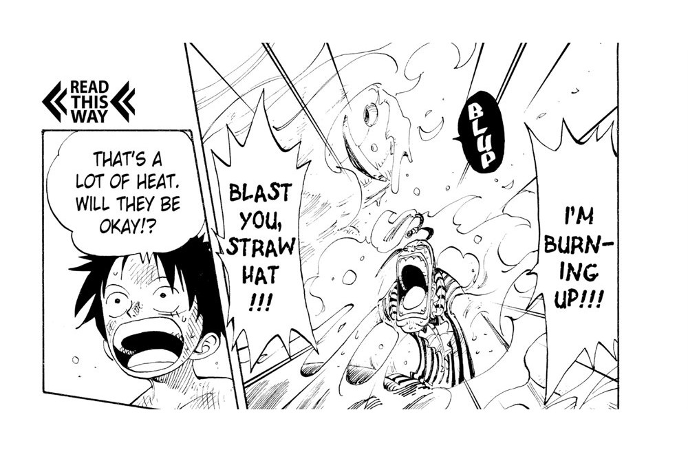 One Piece Vol. 14 (VIZ Media), p.169 — the same beat: "THAT'S A LOT OF HEAT. WILL THEY BE OKAY!?" / "BLAST YOU, STRAW HAT!!!" / "I'M BURNING UP!!!"