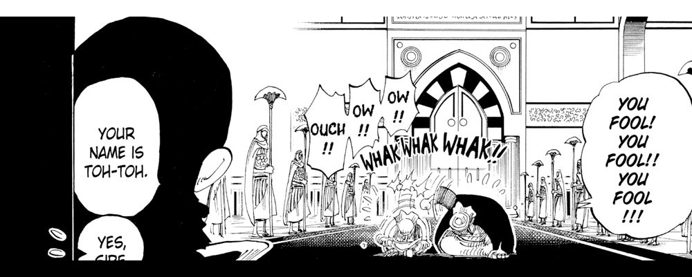 One Piece Vol. 18 (VIZ Media), p.158 — the same panel: "YOU FOOL! YOU FOOL!! YOU FOOL!!!" in the courtyard, while Cobra's silhouette says, "YOUR NAME IS TOH-TOH."