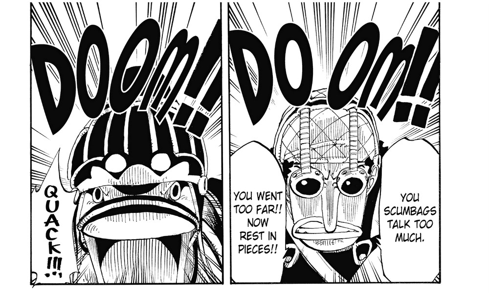 One Piece Vol. 14 (VIZ Media), p.111 — the same beat: "QUACK!!!" / "YOU WENT TOO FAR!! NOW REST IN PIECES!!"