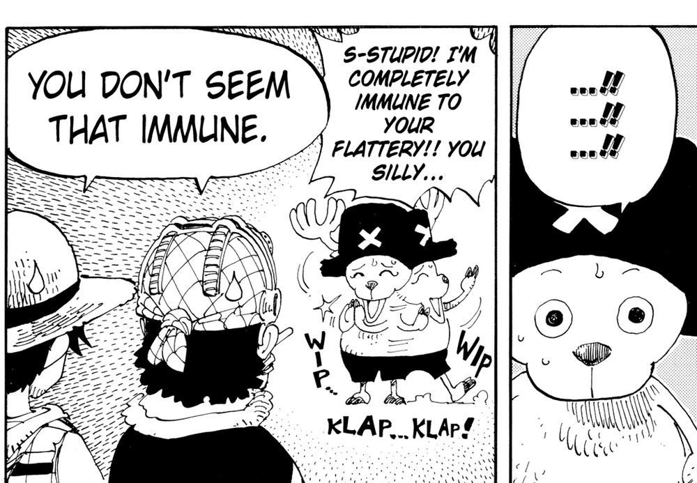 Chopper, dancing with joy while shouting his denial — "S-Stupid! I'm completely immune to your flattery!!" — One Piece Vol. 17, VIZ Media