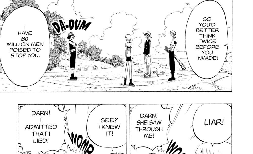 Usopp, small on the beach, shouting "I have 80 million men poised to stop you" at the newly landed Straw Hats — One Piece Vol. 3, VIZ Media