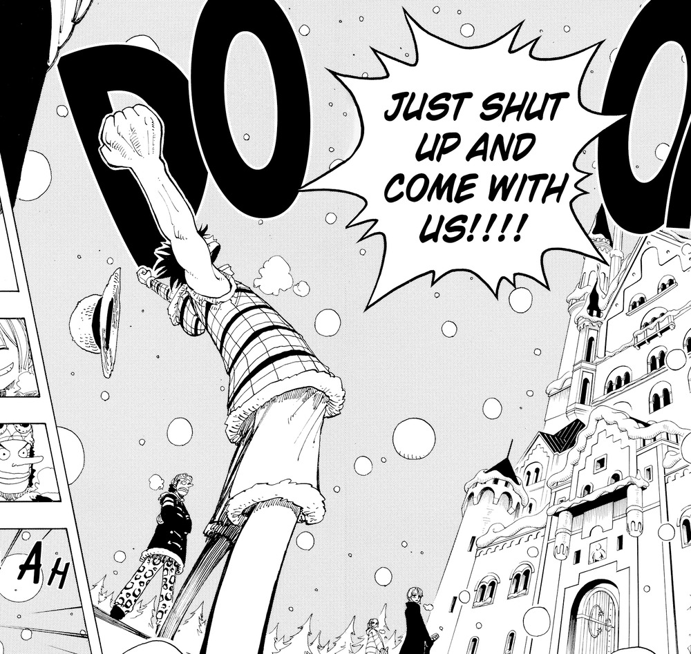 One Piece Vol. 17 (VIZ Media), p.144 — the same panel: "JUST SHUT UP AND COME WITH US!!!!"