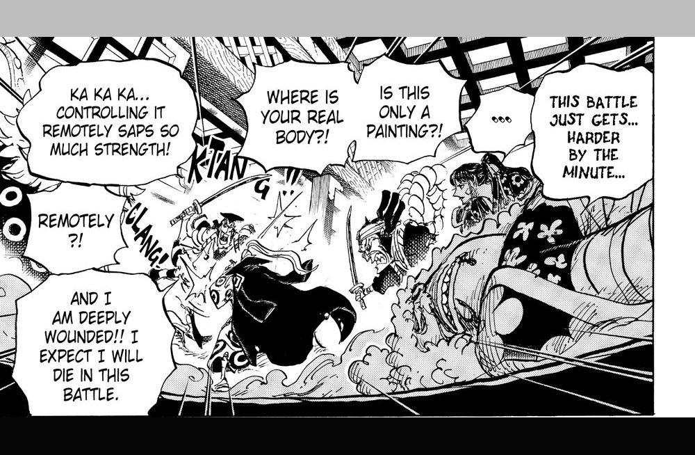 One Piece Vol. 100 (VIZ Media), p.69 — the same beat: "AND I AM DEEPLY WOUNDED!! I EXPECT I WILL DIE IN THIS BATTLE."