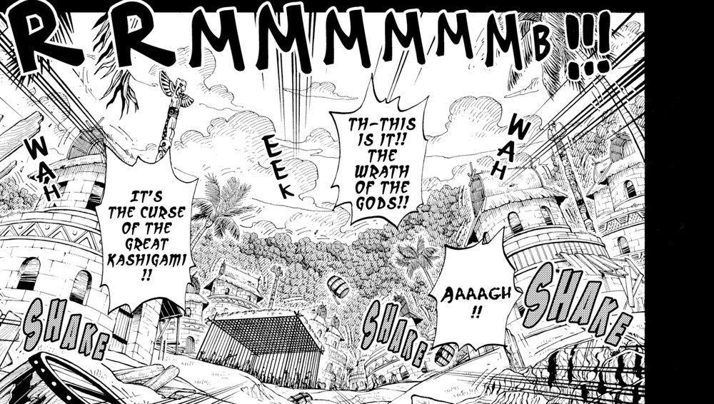 One Piece Vol. 31 (VIZ Media), p.59 — the same panel: "IT'S THE CURSE OF THE GREAT KASHIGAMI!!" beside "TH-THIS IS IT!! THE WRATH OF THE GODS!!"