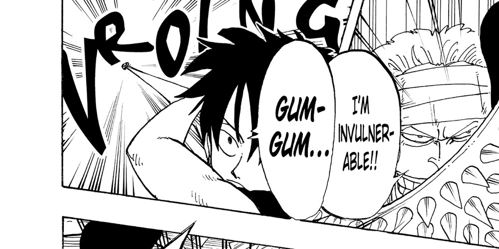 One Piece Vol. 8 (VIZ Media) — the same panel: Luffy ("GUM-GUM...") and Arlong, whose 手も足も出まい is lettered as "I'M INVULNERABLE!!"