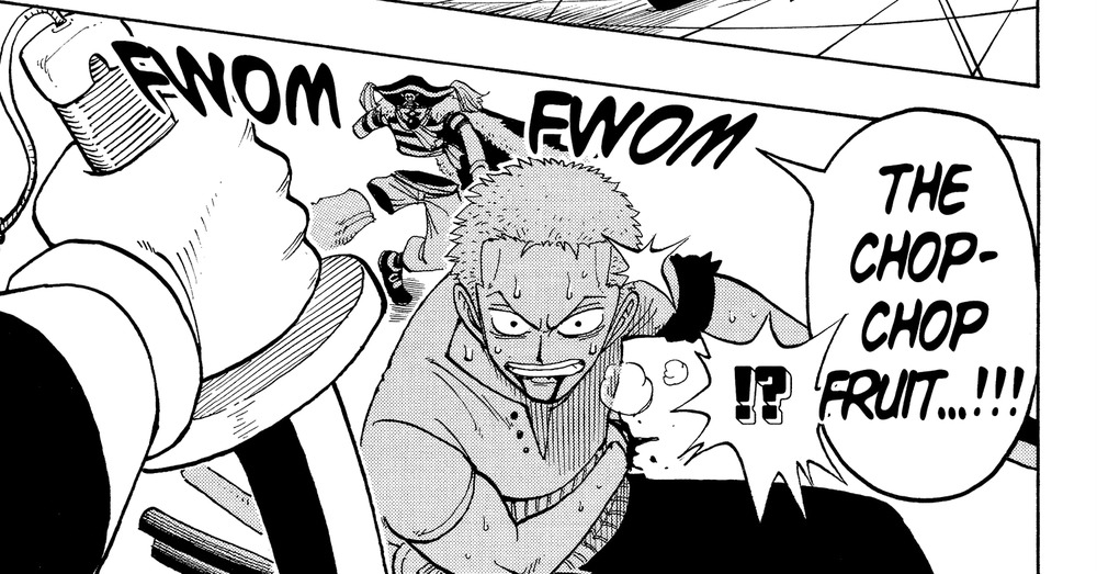 Buggy the Clown names the Chop-Chop Fruit after Zoro's sword passes clean through him, One Piece Vol. 2