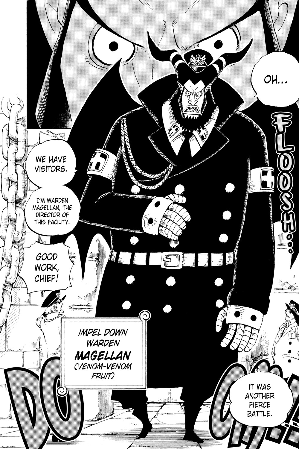 Impel Down warden Magellan is introduced by name as the Venom-Venom Fruit's poison human, One Piece Vol. 54