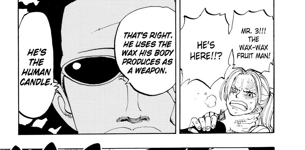 Nami and Zoro identify Mr. 3 as "the Wax-Wax Fruit man" after his trap seals a beach in candle wax, One Piece Vol. 14