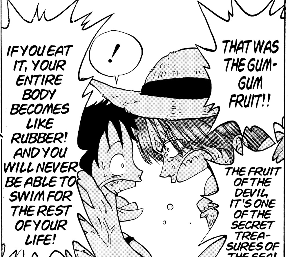 A stranger explains the Gum-Gum Fruit to young Luffy and the villagers, One Piece Vol. 1