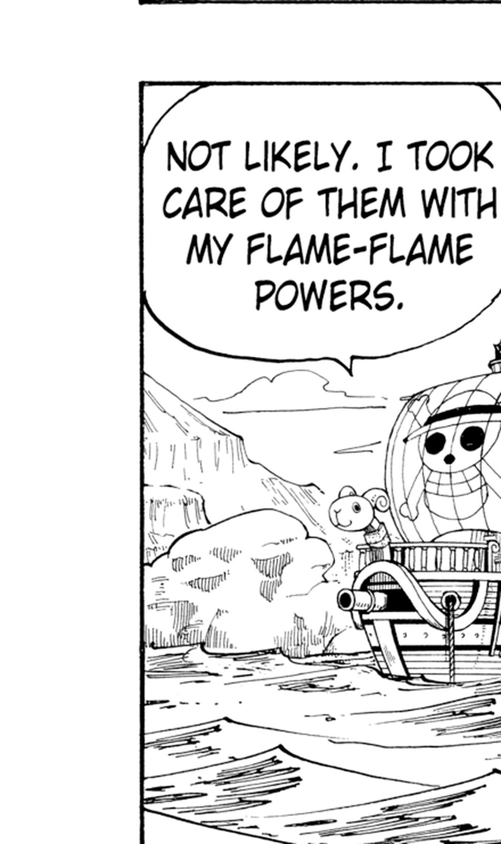 Ace mentions handling the Navy with his Flame-Flame powers while visiting the Going Merry, One Piece Vol. 18