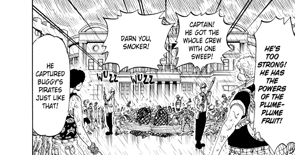 Buggy's crew reacts in shock as Smoker's Plume-Plume Fruit powers take down the whole gang single-handedly, One Piece Vol. 12