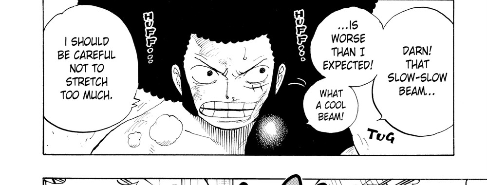 Franky grimaces after taking Foxy's Slow-Slow Beam during the Davy Back Fight, One Piece Vol. 33