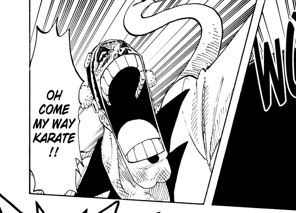 One Piece Vol. 21 (VIZ Media), p.17 — the same panel: "OH COME MY WAY KARATE!!"