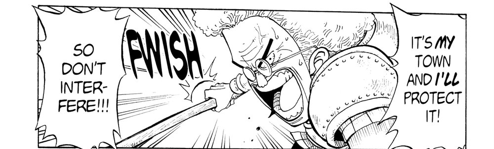 One Piece Vol. 2 (VIZ Media), p.146 — the same panel: "IT'S MY TOWN AND I'LL PROTECT IT!"