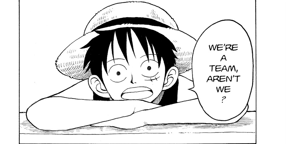 One Piece Vol. 5 (VIZ Media), p.121 — the same panel: "WE'RE A TEAM, AREN'T WE?"