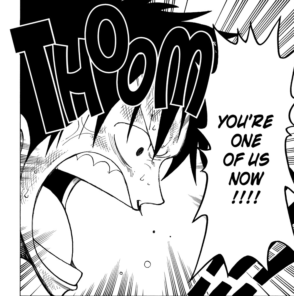One Piece Vol. 11 (VIZ Media), p.72 — the same panel: "YOU'RE ONE OF US NOW!!!!"