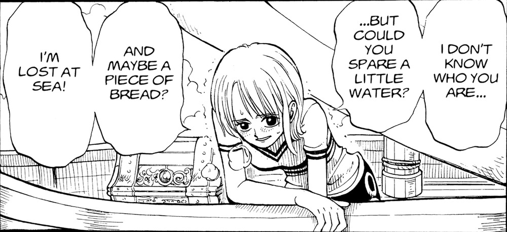 One Piece Vol. 1 (VIZ Media), p.198 — the same panel: "I DON'T KNOW WHO YOU ARE... ...BUT COULD YOU SPARE A LITTLE WATER?"