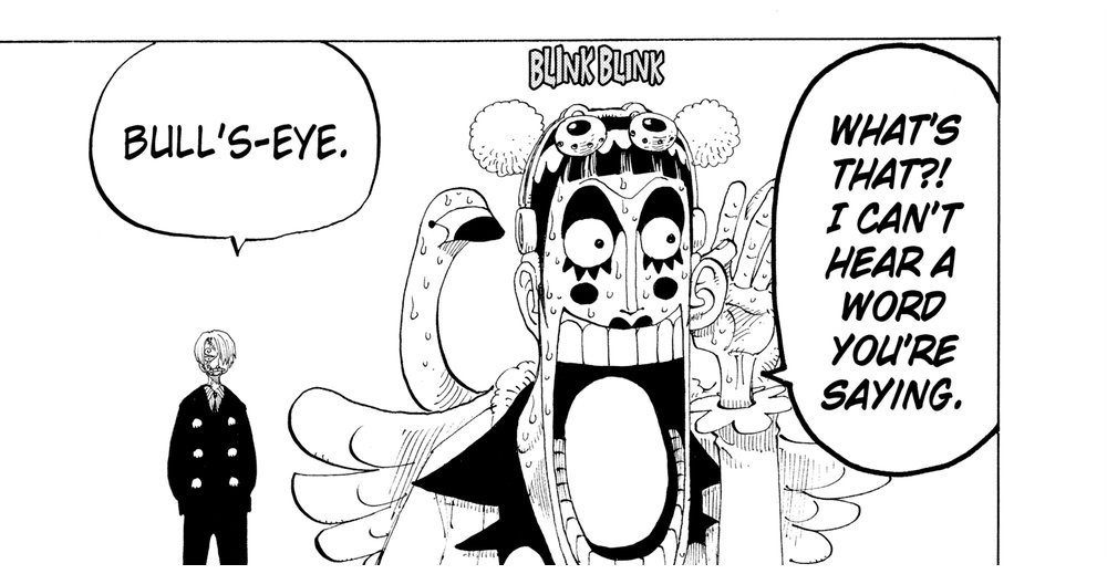 One Piece Vol. 21 (VIZ Media), p.37 — the same panel: Sanji says "BULL'S-EYE." as Bon Kurei, eyes blinking (BLINK BLINK), stalls with "WHAT'S THAT?! I CAN'T HEAR A WORD YOU'RE SAYING."