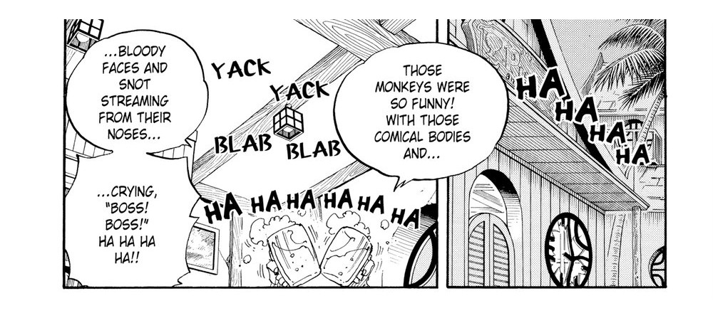 One Piece Vol. 25 (VIZ Media), p.112 — the same panel: "THOSE MONKEYS WERE SO FUNNY! WITH THOSE COMICAL BODIES AND..."